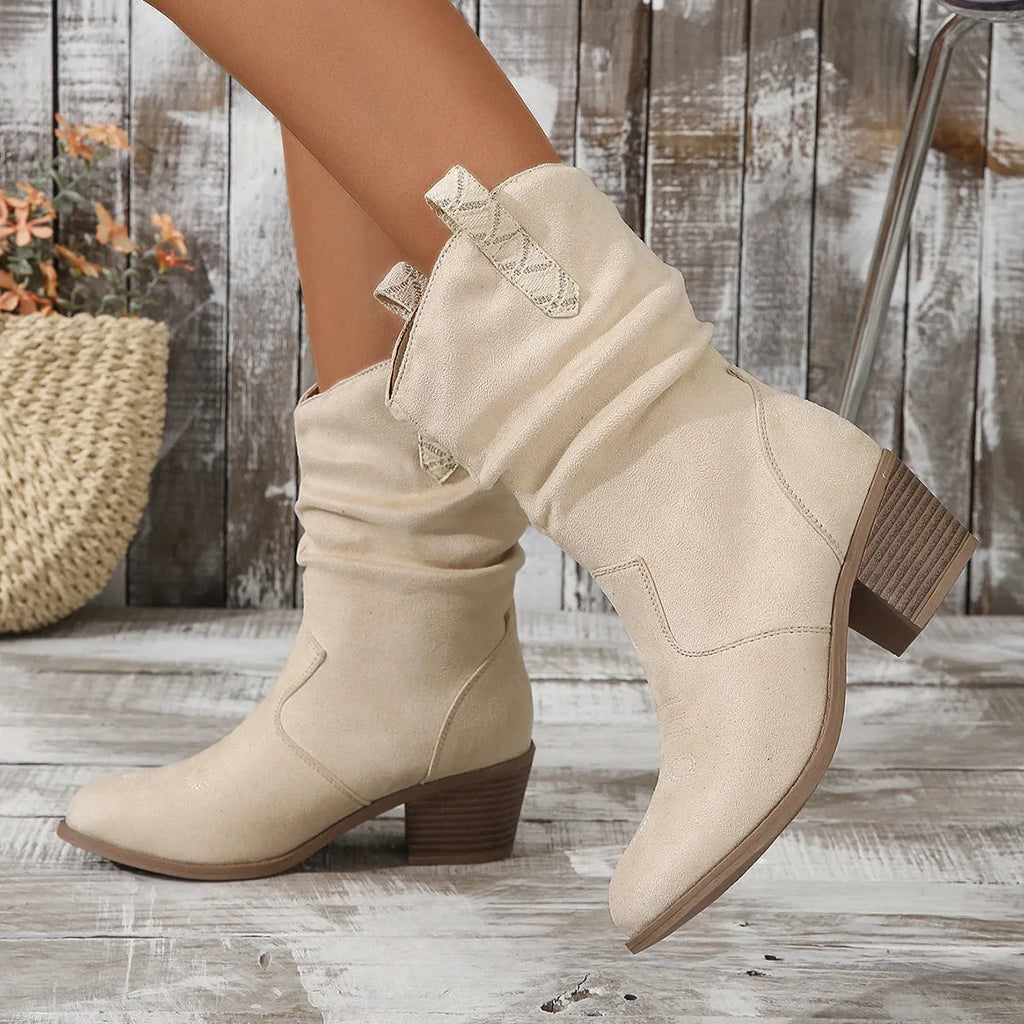 Plus size women's middle-calf boots in milky white with 3-5 cm mid heel and suede upper