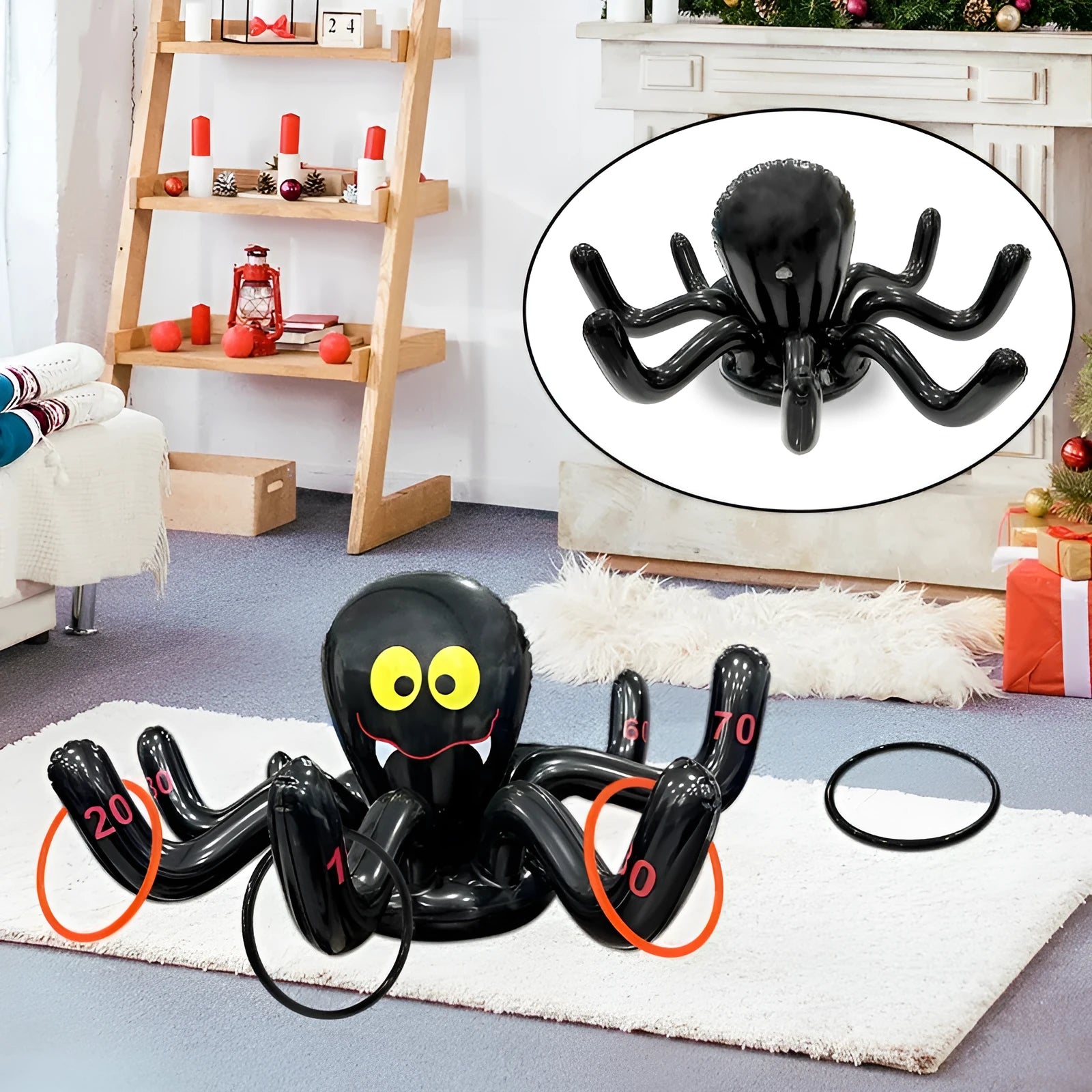 Colourful inflatable PVC ferrule throwing toys in octopus, antler, witch hat, and Santa Claus designs for Halloween games.