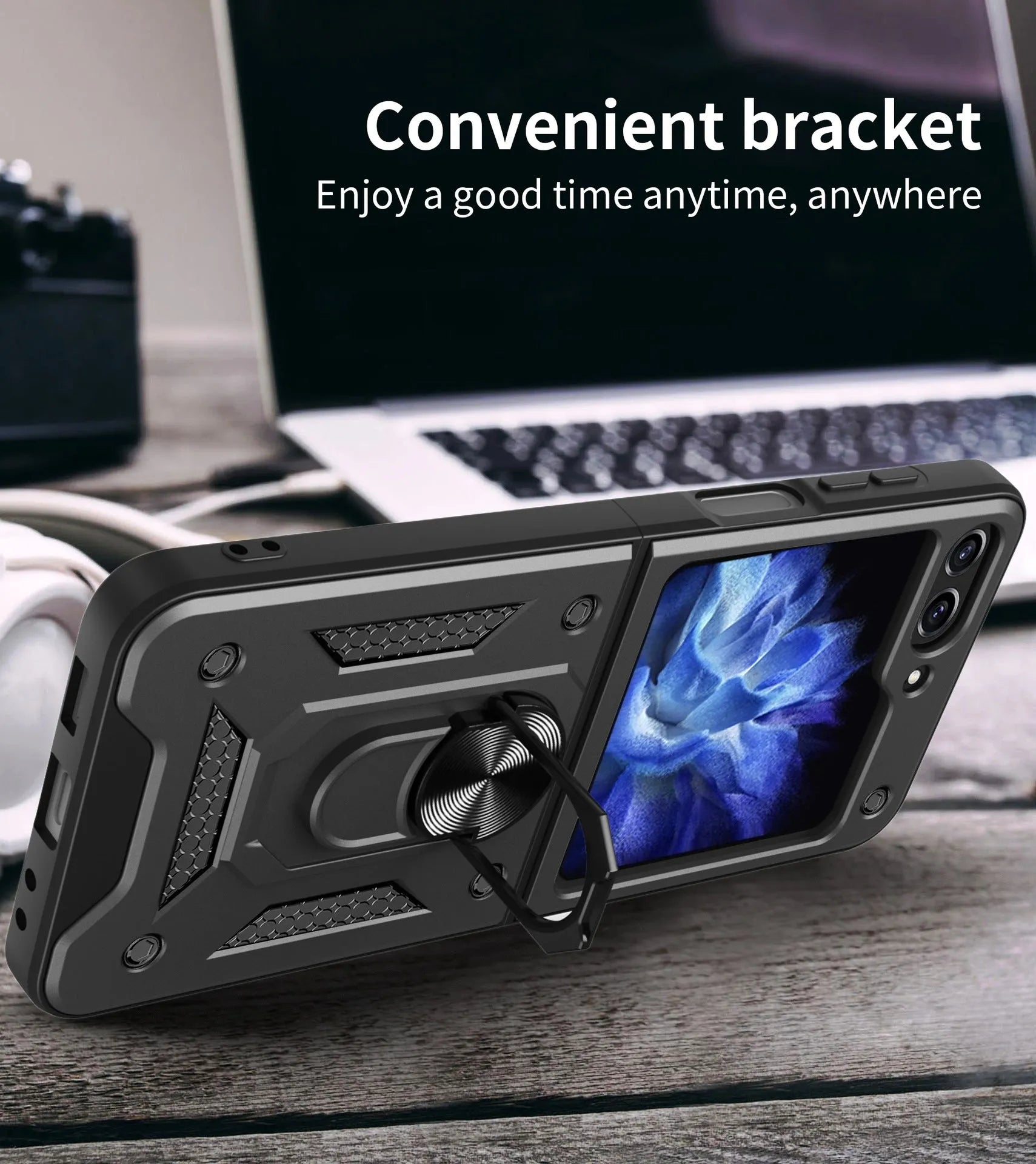 Shunjia sliding window mirror phone case for Samsung Z Flip and Z Fold, black colour, with bracket and mirror closed