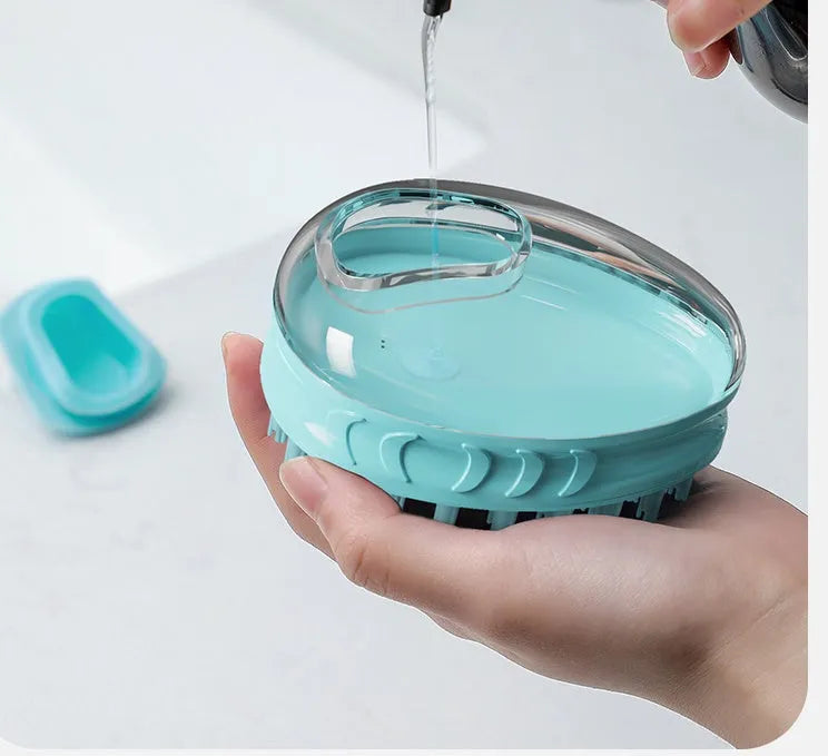 Pet bath brush in TPR and PP, 7.8 x 8.8 x 10.2 cm, blue and green, dog rub massage tool