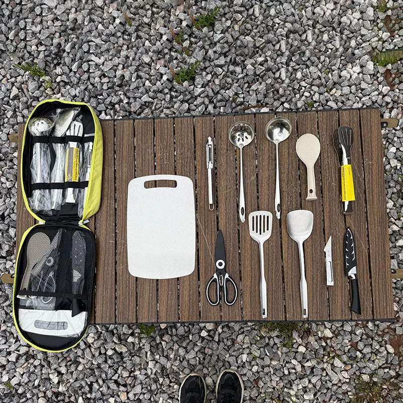 Portable picnic kitchenware storage bag containing 12-piece stainless steel cutlery set in khaki colour