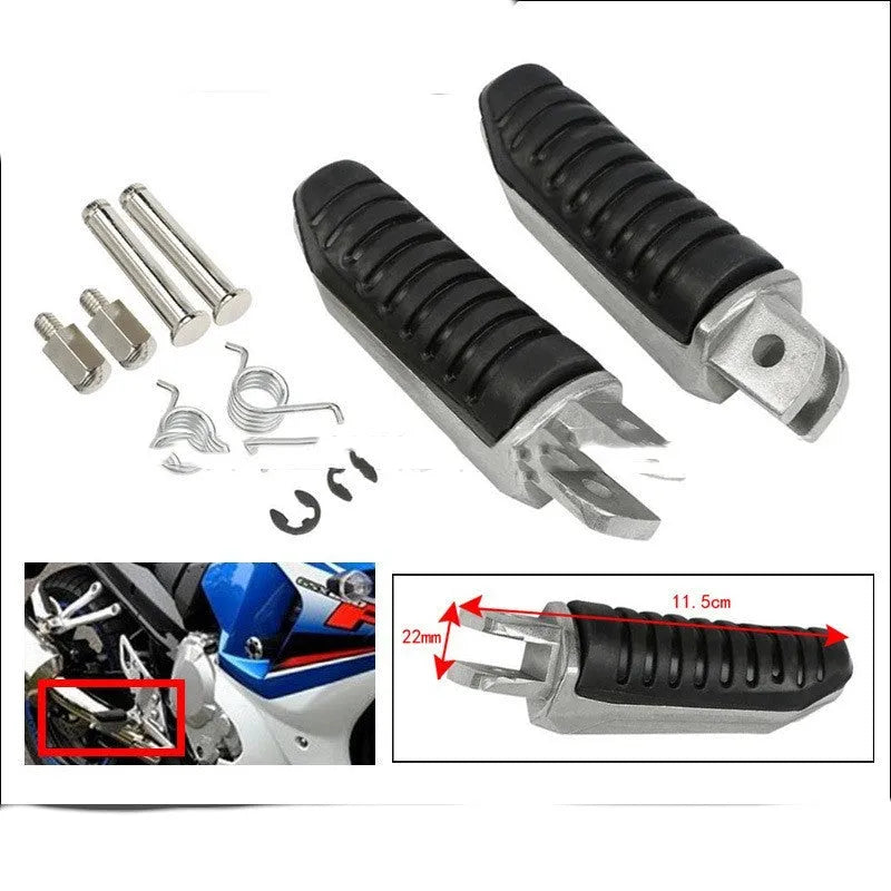 Black aluminium alloy motorcycle footpeg replacement set for Suzuki models.