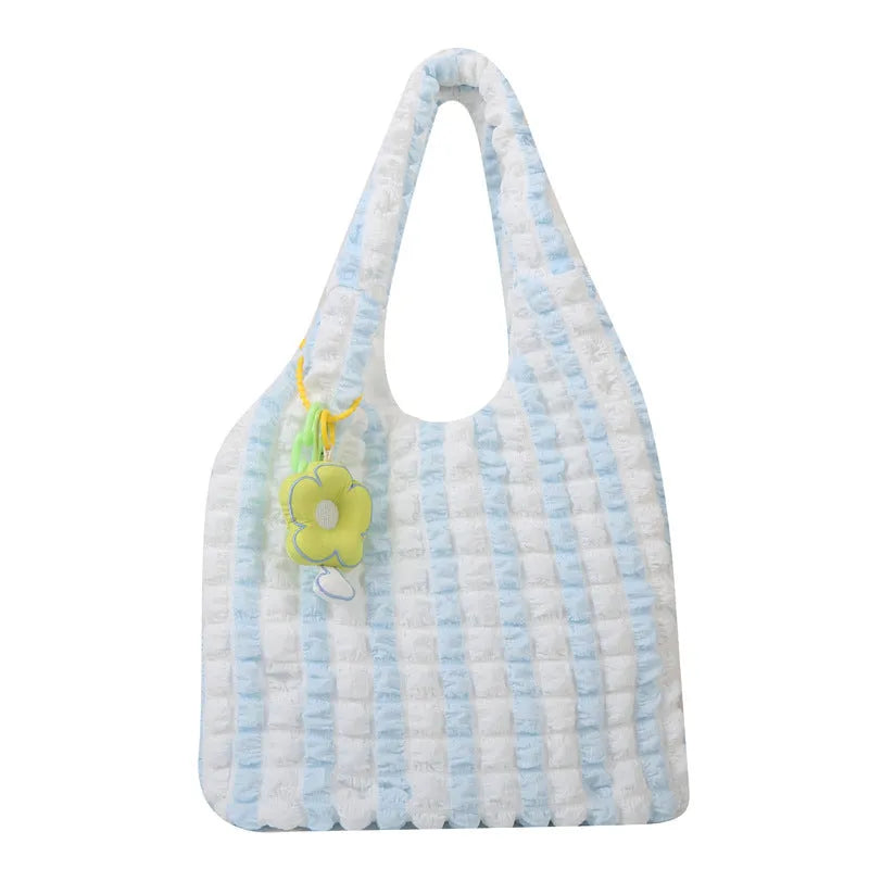 Soft pleated polyester women's crossbody bag in square shape with detachable pendant.