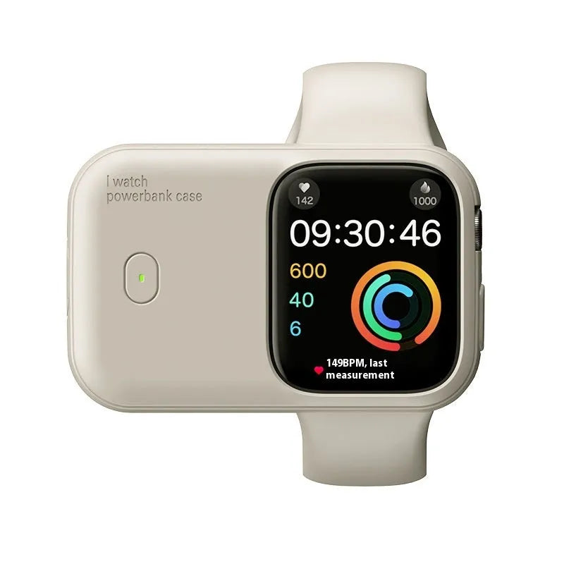 Apple Watch portable wireless charging case power bank in brown, blue, or starlight.