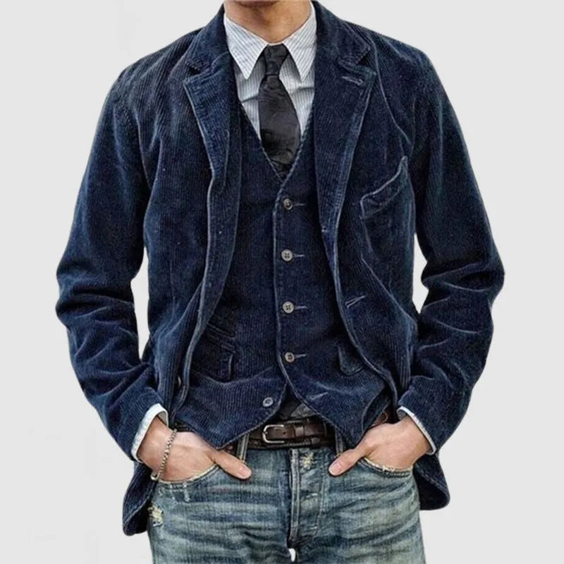 Men's solid colour corduroy jacket winter casual blazer in Army Green front view