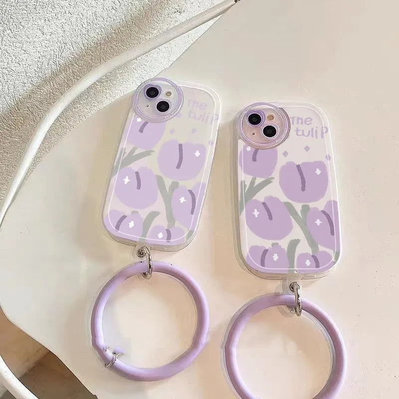 Purple tulip transparent TPU phone case with matching wrist strap for Apple iPhone