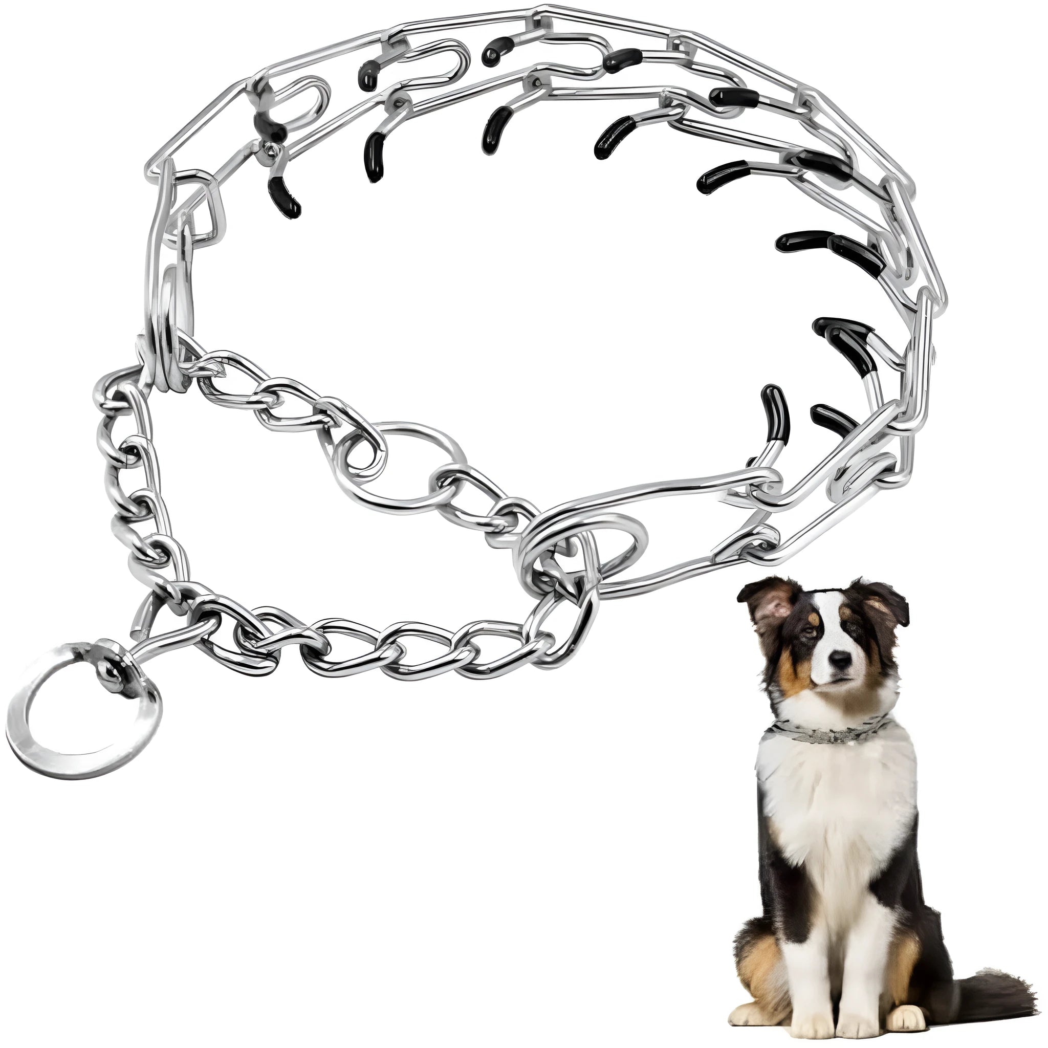 Stainless steel adjustable dog prong collar with black rubber comfort tips shown in various sizes.