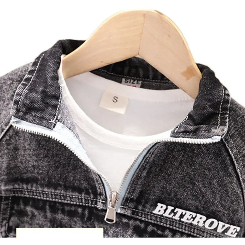 Boys' black and blue denim two-piece suit set with long sleeves in Korean style