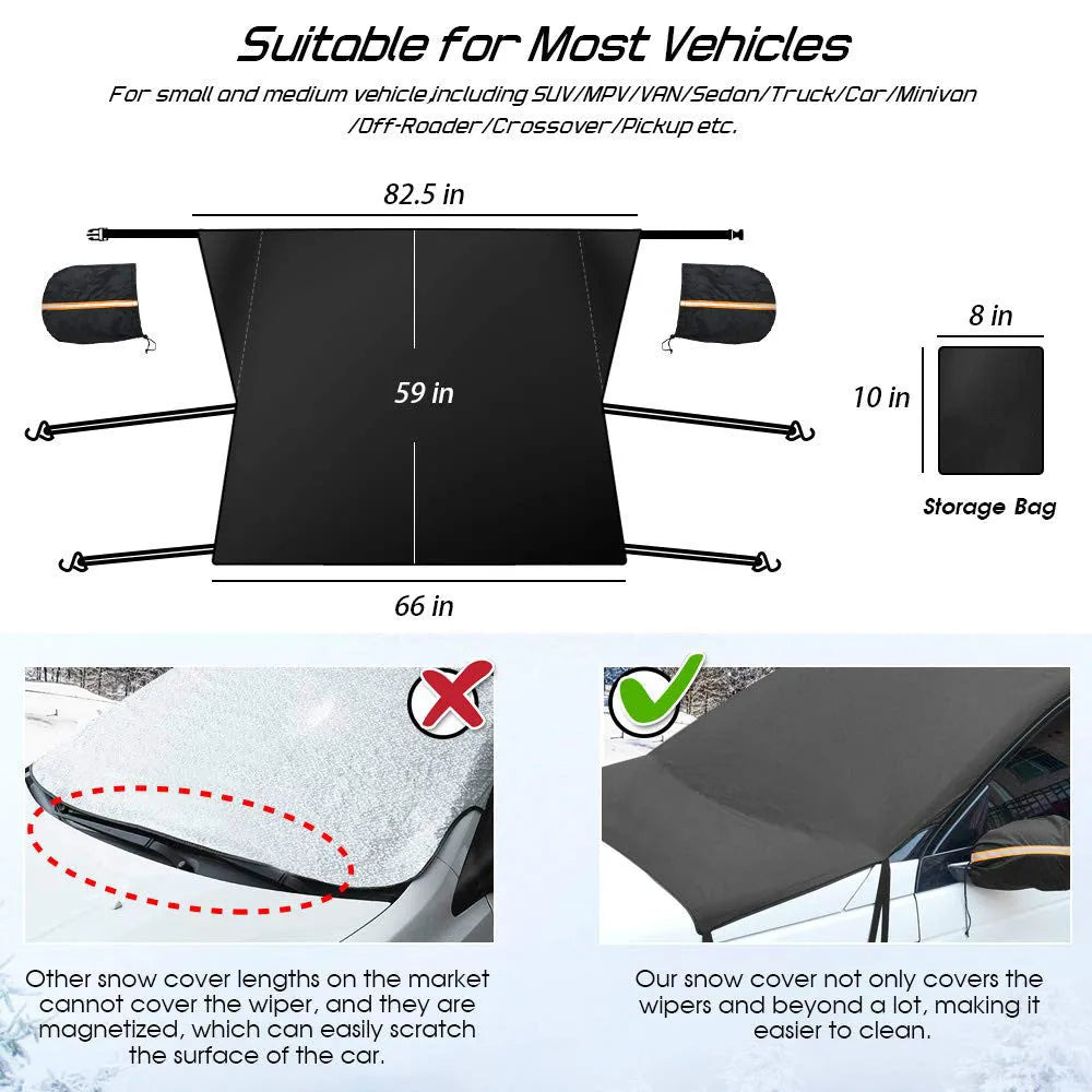 Black 210T polyester car windshield snow cover with six elastic bands, 205x150cm, for outdoor parking