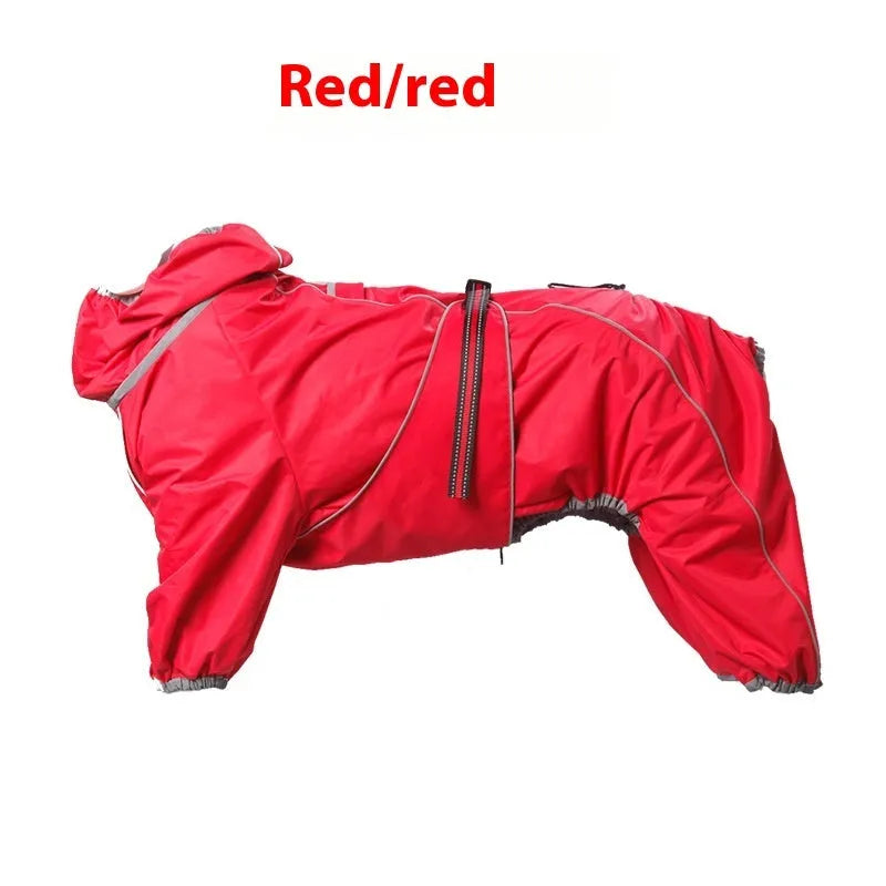 Red polyester padded dog jacket with zip front on a medium-sized dog.