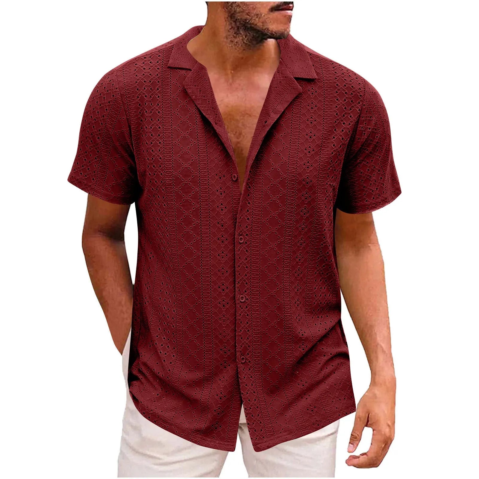 Breathable lightweight lapel men's casual shirt in cardigan style, regular fit, polyester fibre fabric, available in multiple colours