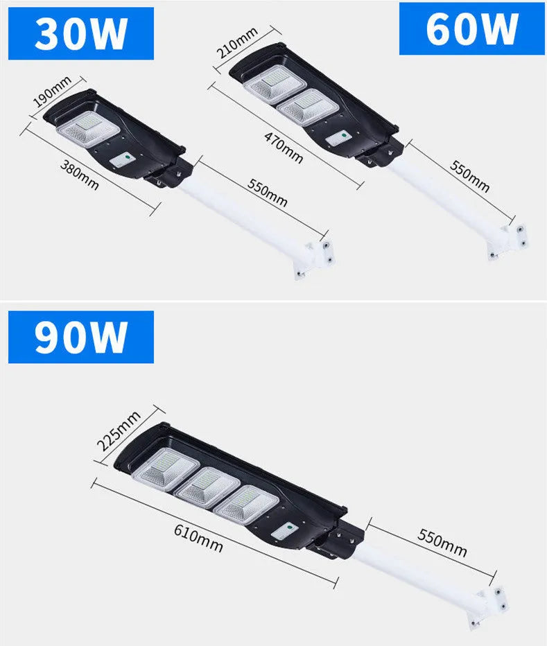 Integrated solar street light unit with solar panel and 60W LED lamp for outdoor use.