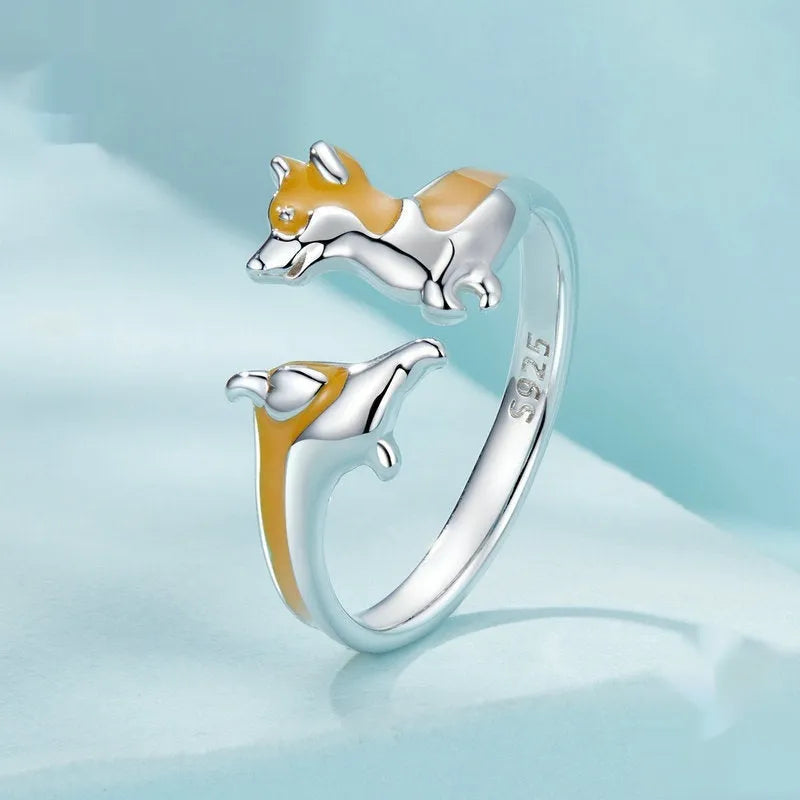 Silver electroplated adjustable ring with cartoon corgi dog design