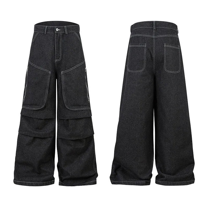 Black pleated workwear jeans with multiple pockets and mid waist design