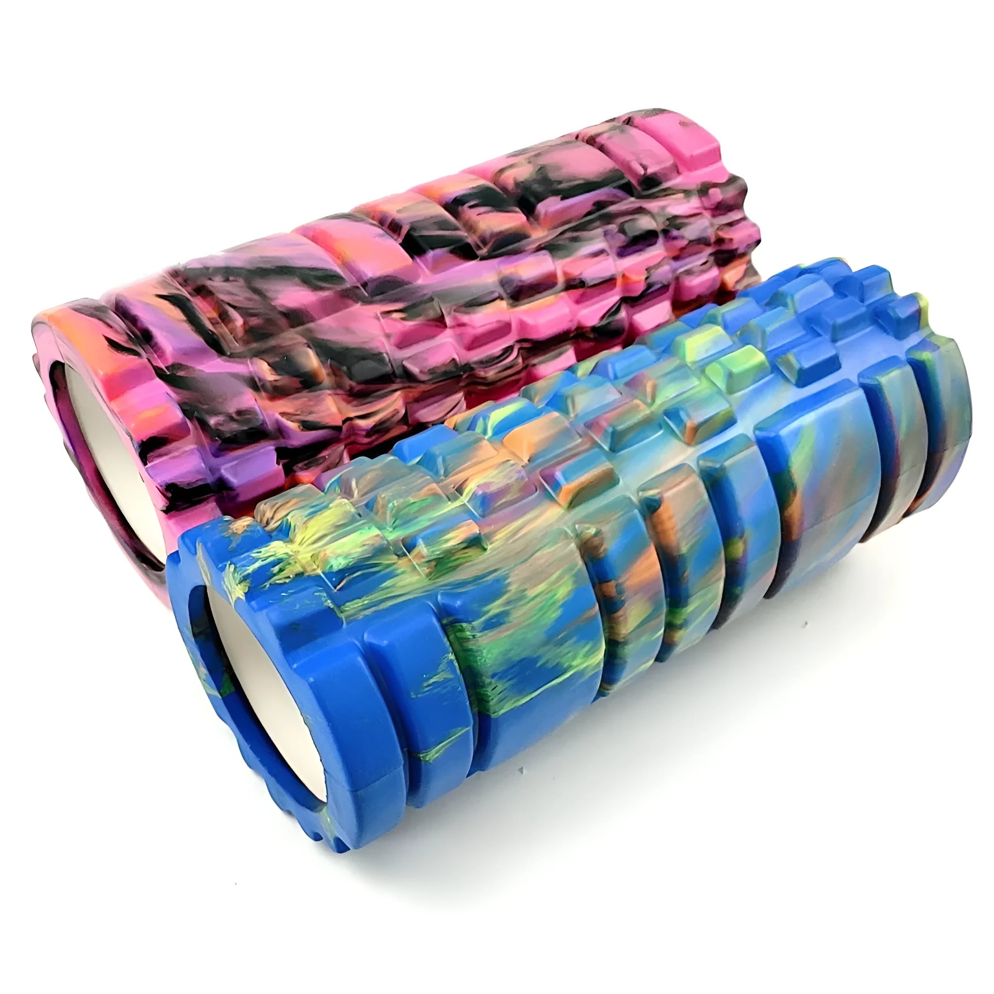 33cm camouflage pattern EVA foam roller in blue green yellow colour on a fitness mat.