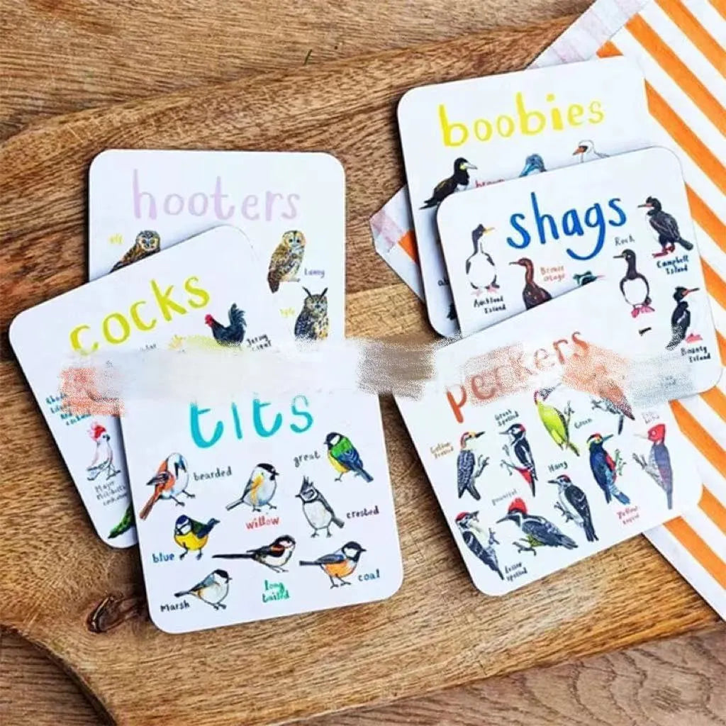 Set of six square bird pun coasters with different bird chart illustrations on white background