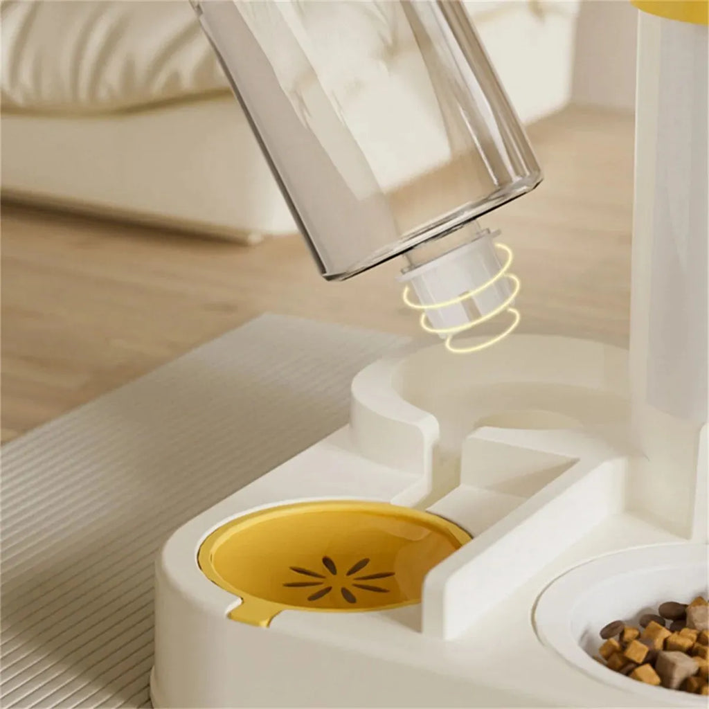 Pet cartoon feeding and watering dispenser in gray with large capacity plastic bowls for cats and dogs