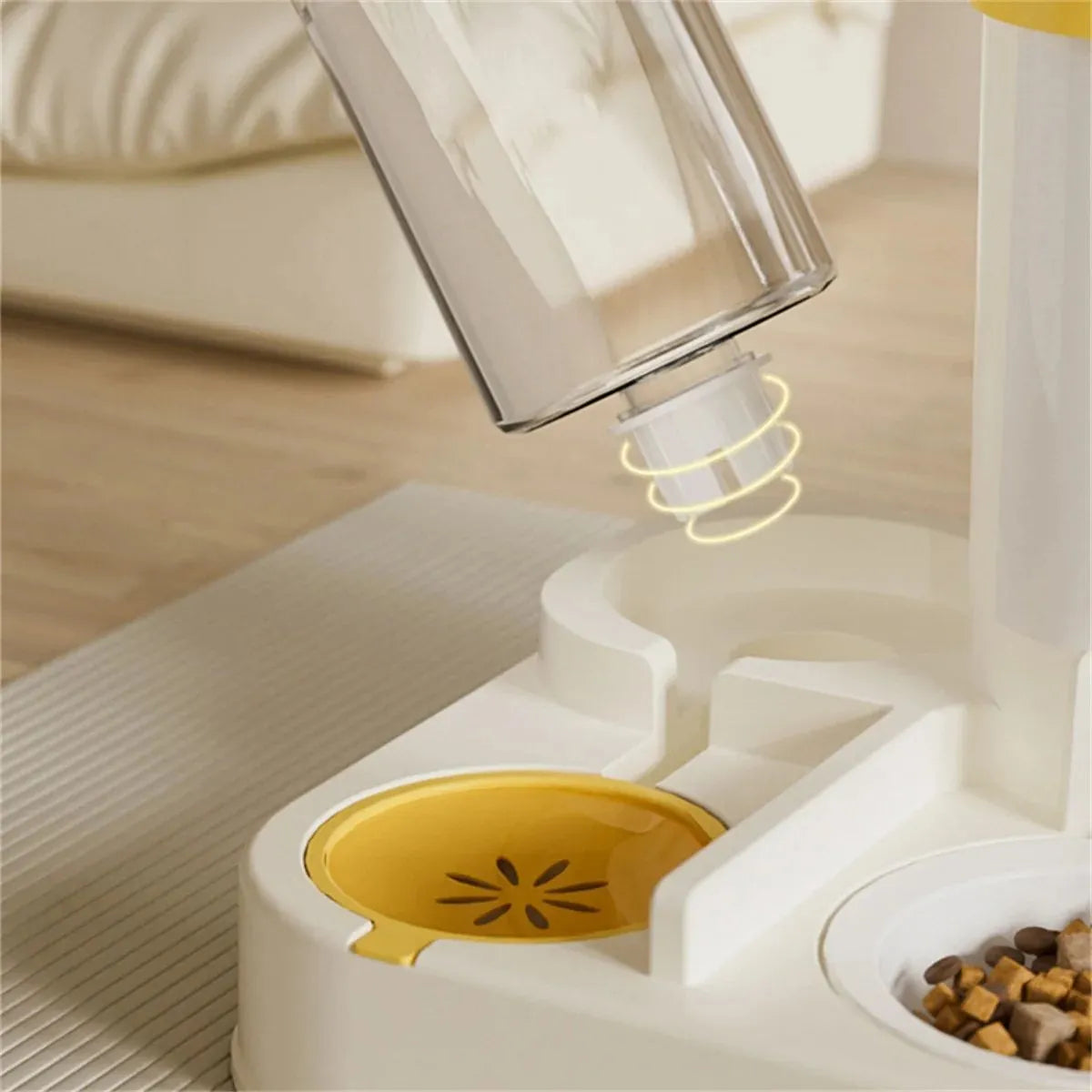 Pet cartoon feeding and watering dispenser in gray with large capacity plastic bowls for cats and dogs