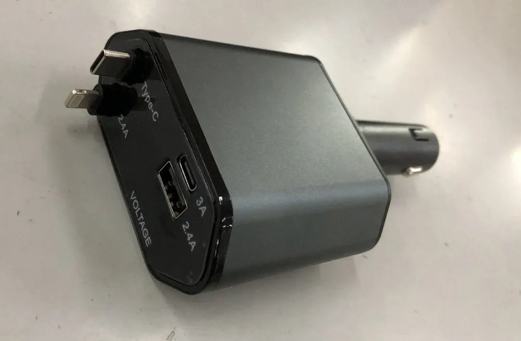 Automatic retractable car charger with fast-charging plug inserted into a vehicle cigarette lighter socket.