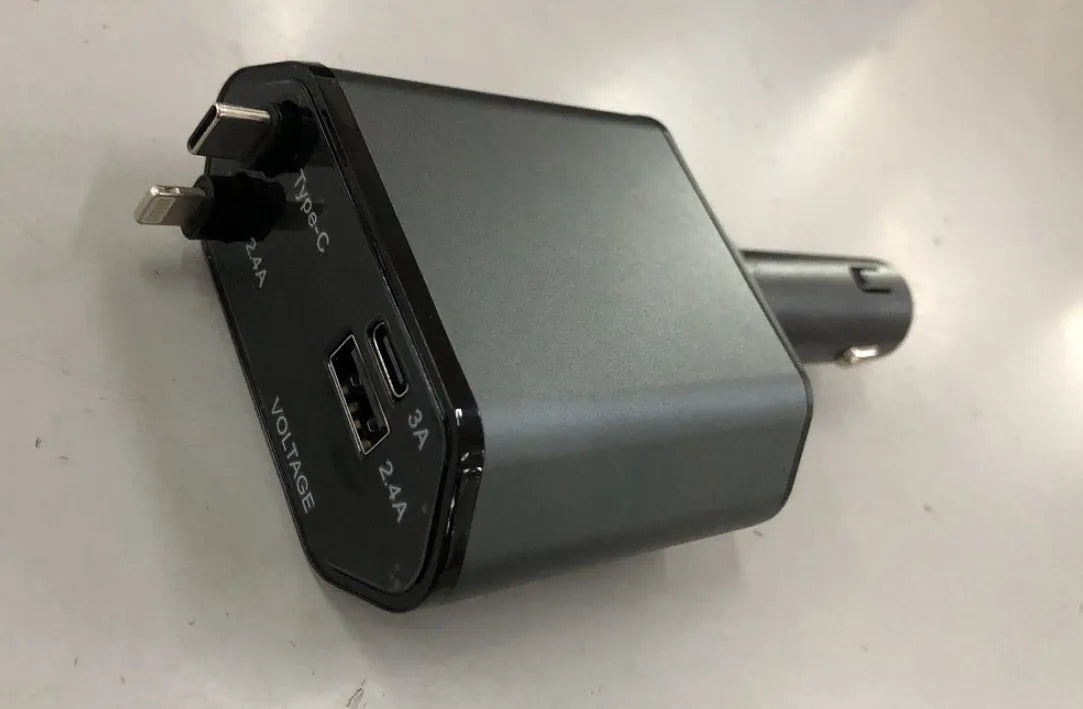 Automatic retractable car charger with fast-charging plug inserted into a vehicle cigarette lighter socket.