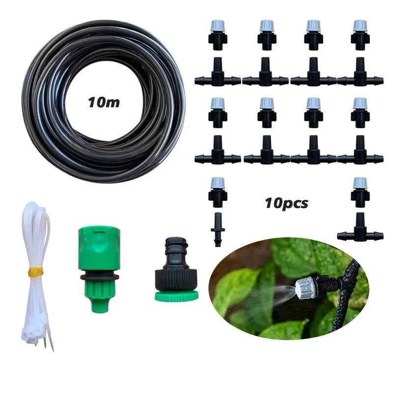 10-metre long green garden irrigation hose with 10 small micro spray heads for misting plants