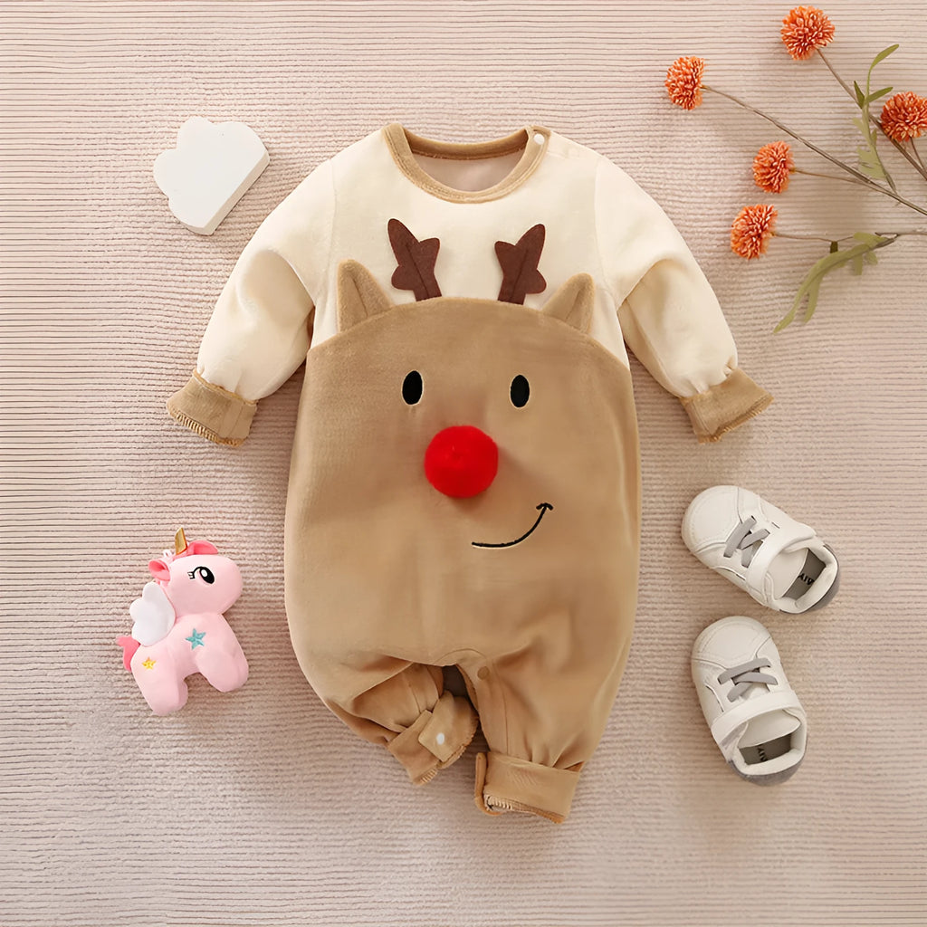 Christmas deer print baby one-piece plush thick outfit with hood, sizes 52-90cm, cotton blend 76%