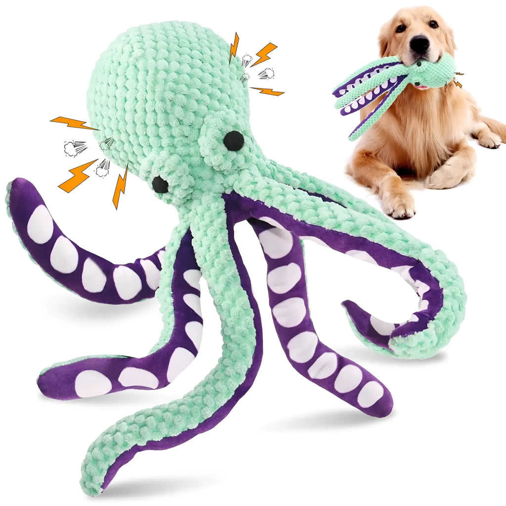 Blue octopus plush dog chew toy with long legs and a squeaker inside.