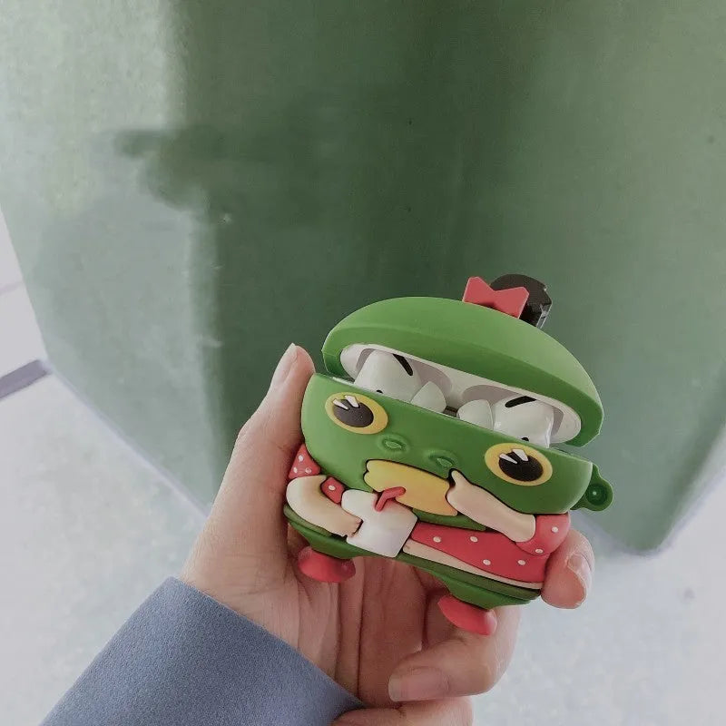 Cartoon green fish head earphone case in soft PVC for Apple AirPods 2 and AirPods Pro, Milk Tea Fish Head Monster design