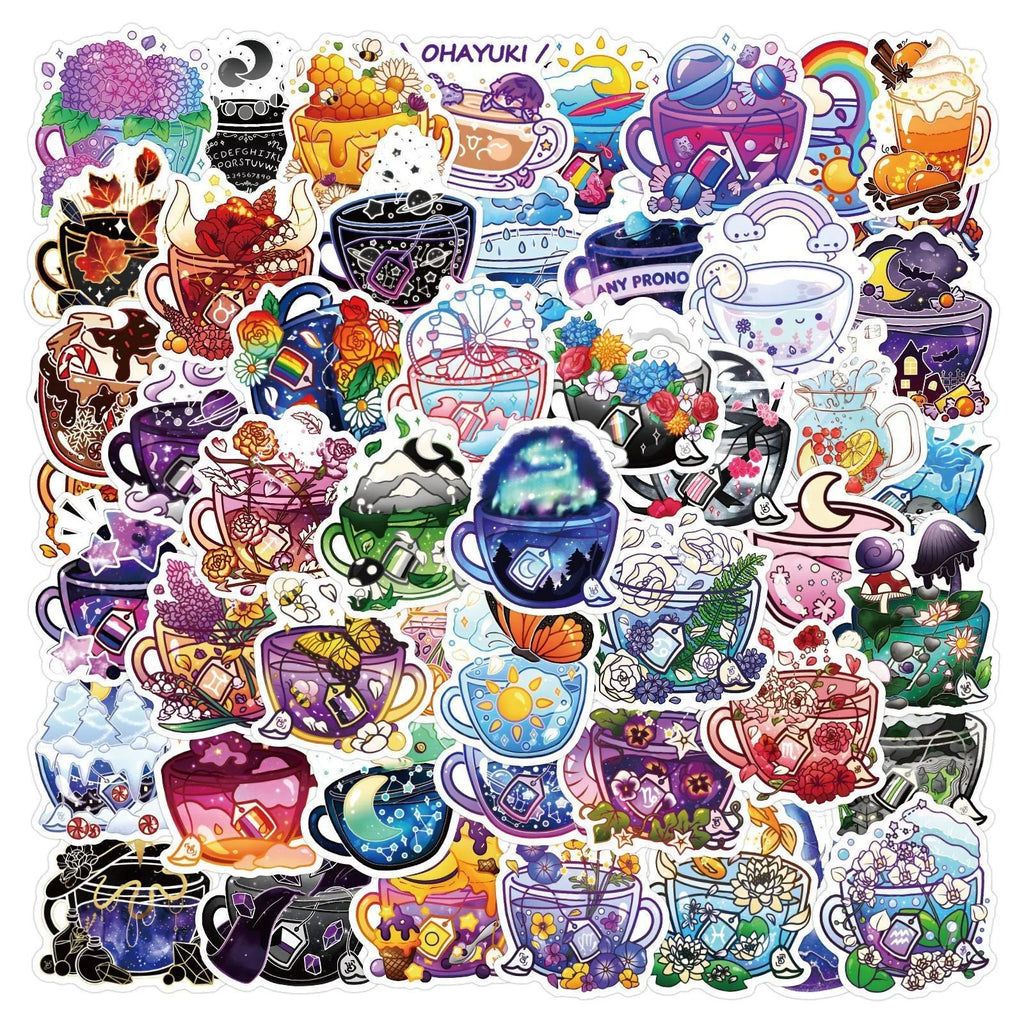 Pack of 50 colourful tea cup graffiti design waterproof stickers for DIY scooter and luggage customisation.
