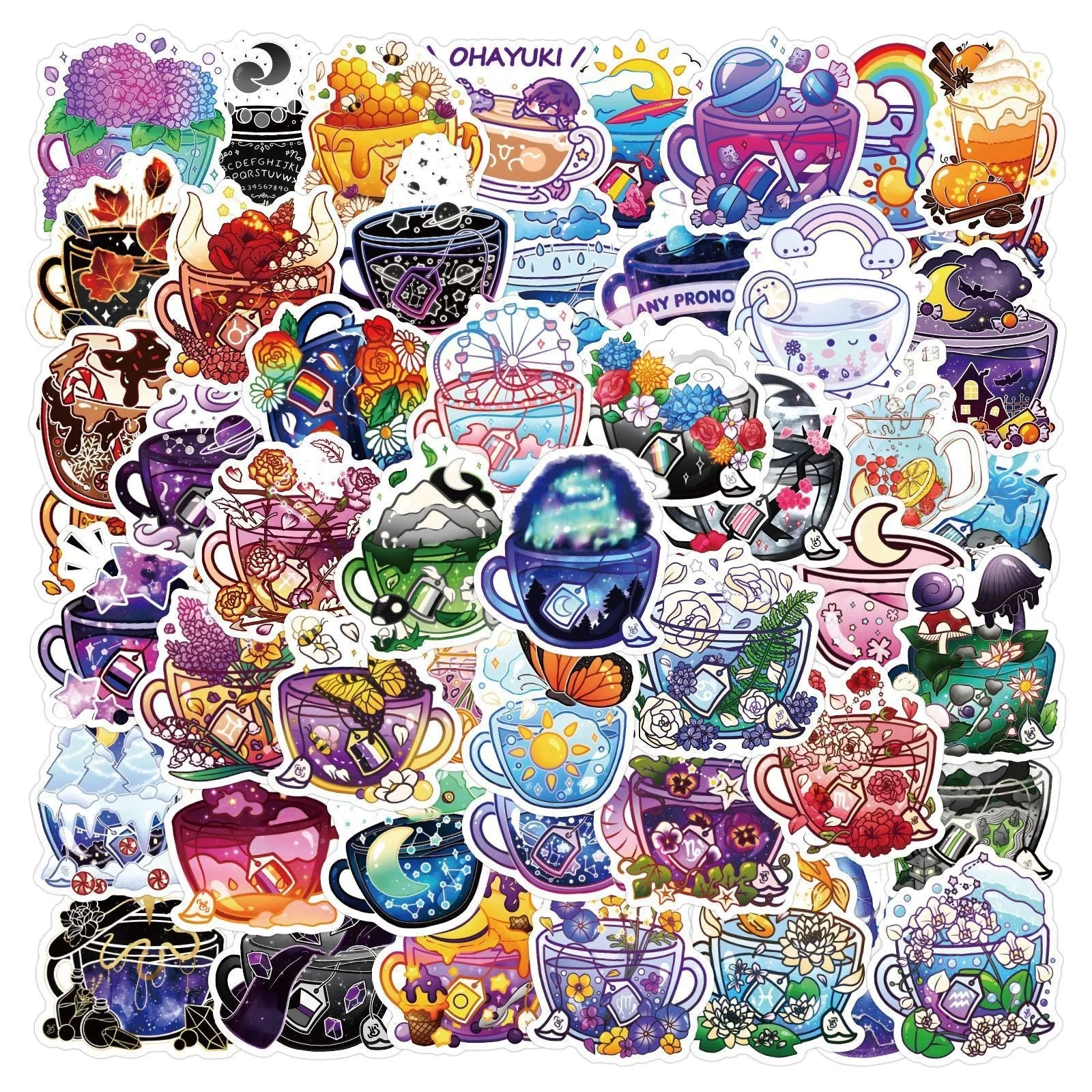 Pack of 50 colourful tea cup graffiti design waterproof stickers for DIY scooter and luggage customisation.