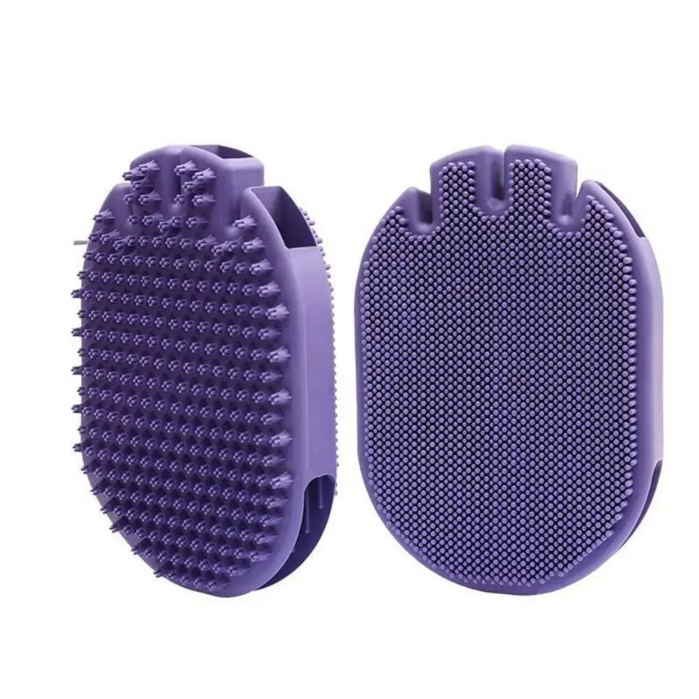Purple TPR pet shampoo brush with ergonomic handle and soft bristles for dog and cat grooming