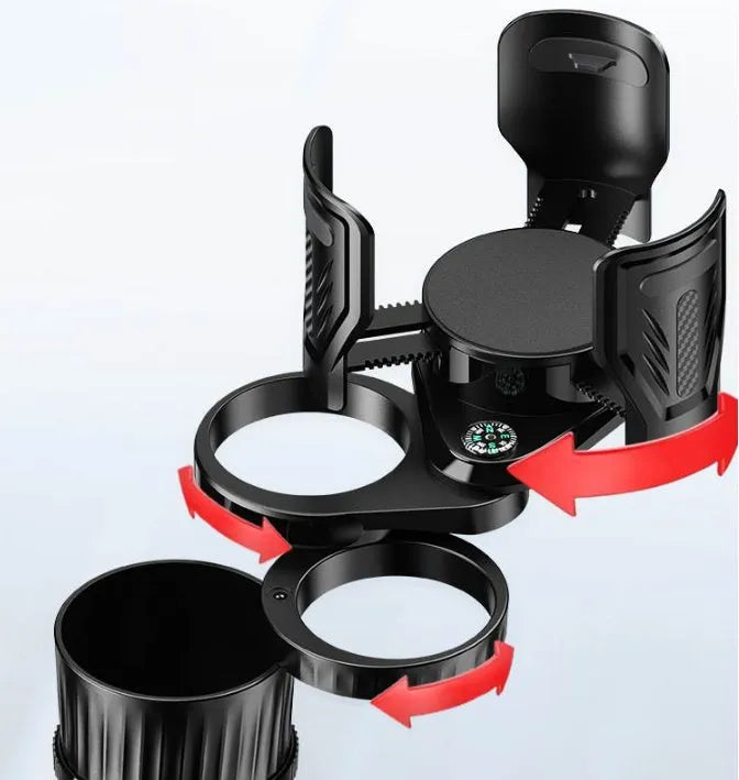 Black ABS car water cup holder with a retractable adjustable base on a car centre console.