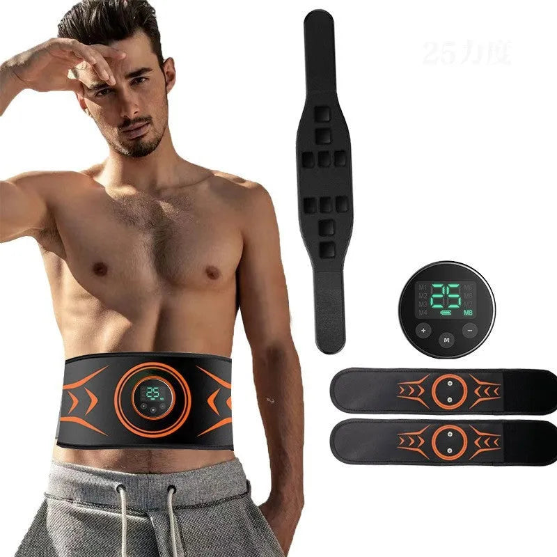 EMS abdominal massage belt with rechargeable host, adjustable strap, and arm stickers for muscle stimulation