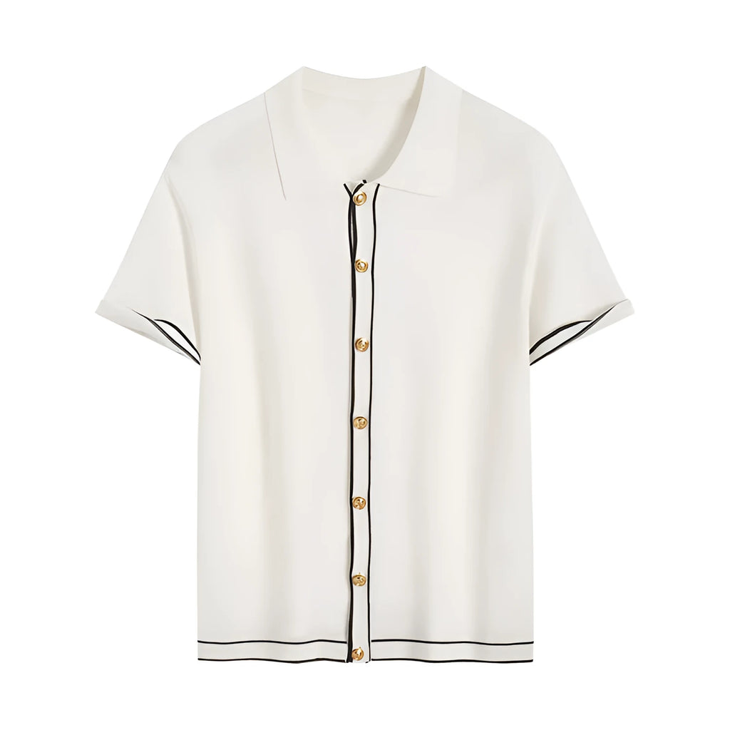 White short-sleeve cardigan with dark contrast colour lapels, laid flat to show front button detail.