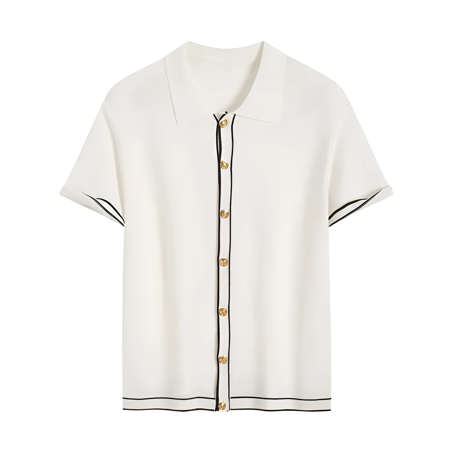 White short-sleeve cardigan with dark contrast colour lapels, laid flat to show front button detail.
