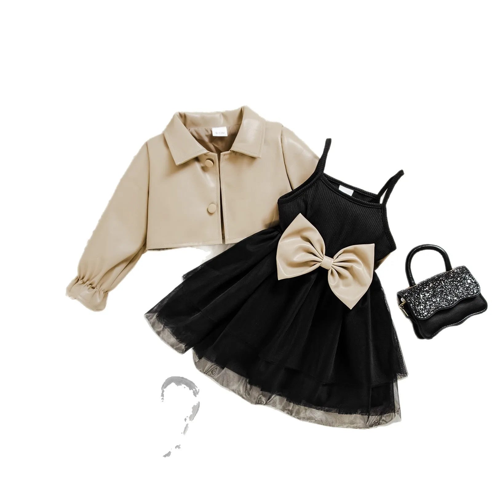 Girls khaki flowers pattern two-piece leather jacket and suspender skirt set for toddlers 3 months to 3 years