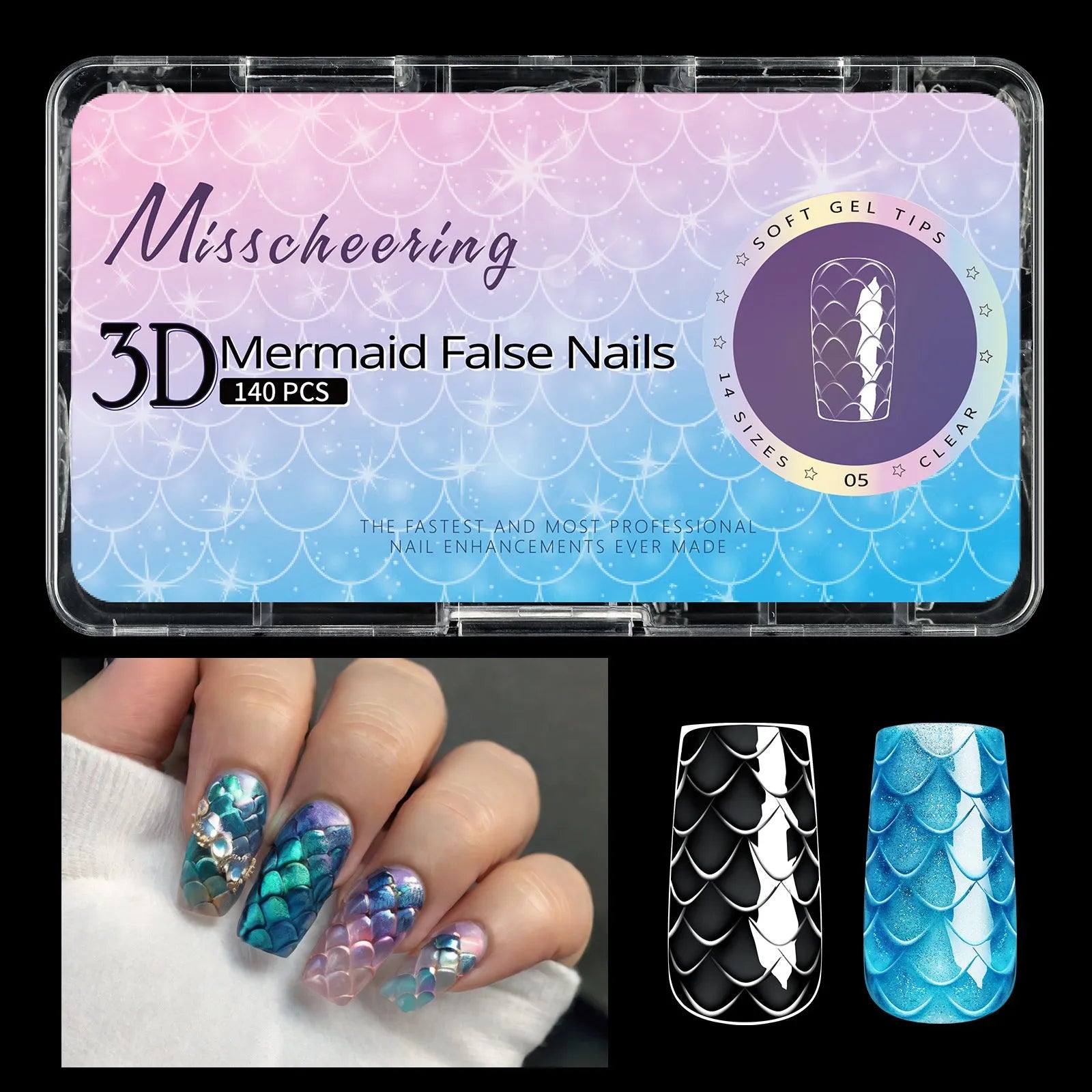 3D scale long shaping artificial nail tips with deep C-curve in Frigate Box colour options