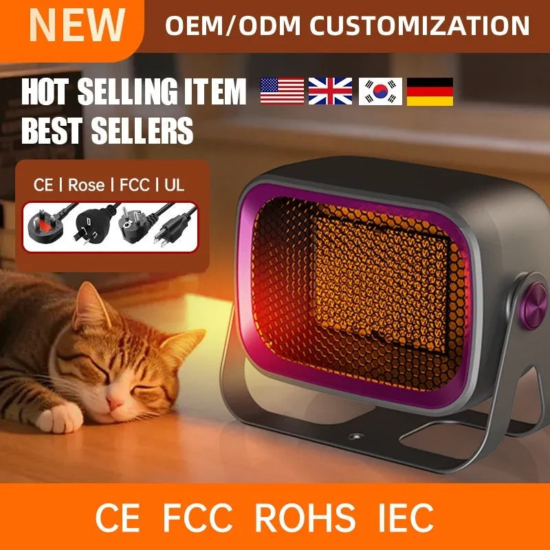 A compact grey desktop electric heater with a rotatable base on a table.