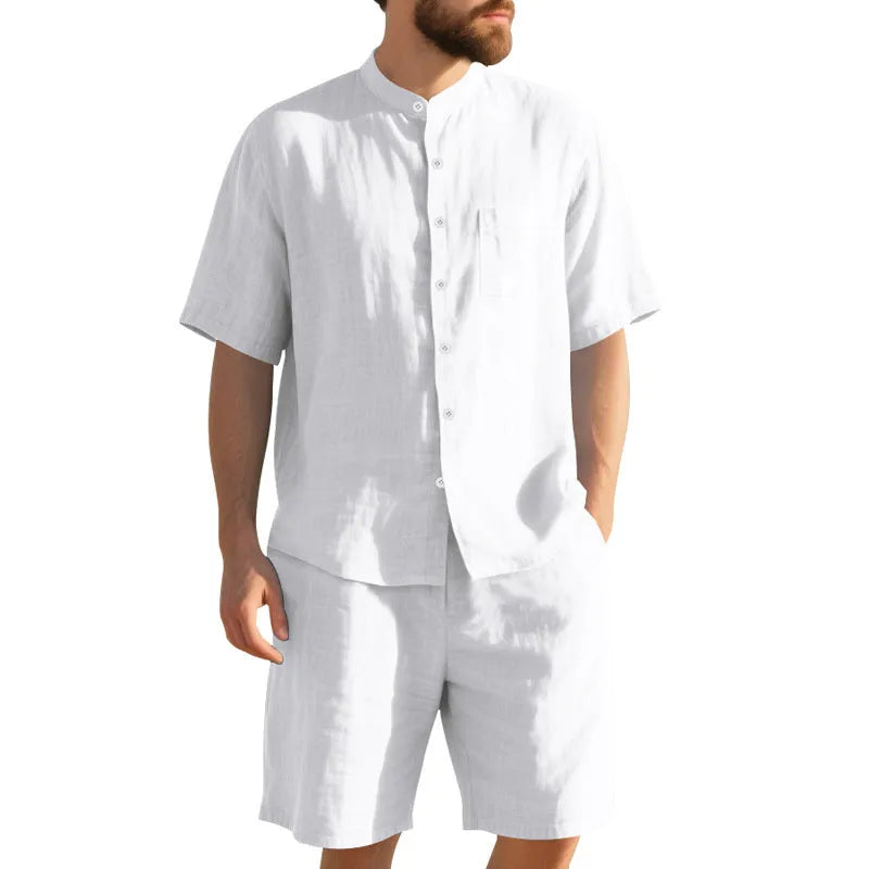Men's linen two-piece suit with Henry collar short sleeve shirt and matching shorts in various colours