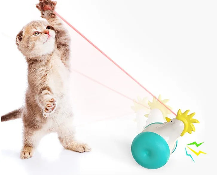 Electric cat toy in orange lake blue, yellow and blue with self-balancing motion and cat-calling sound