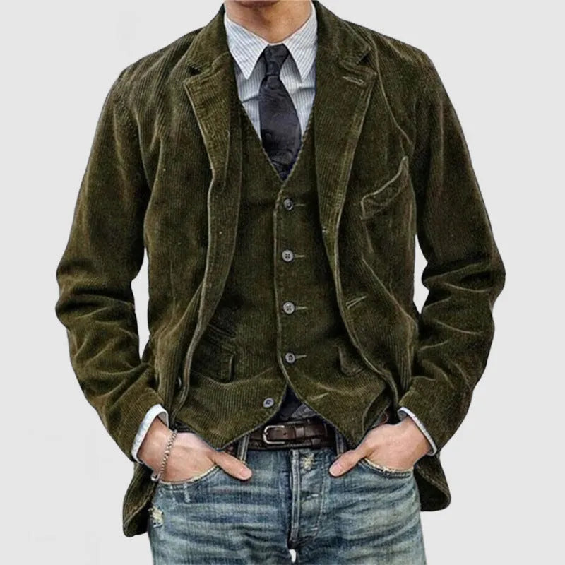 Men's solid colour corduroy jacket winter casual blazer in Army Green front view