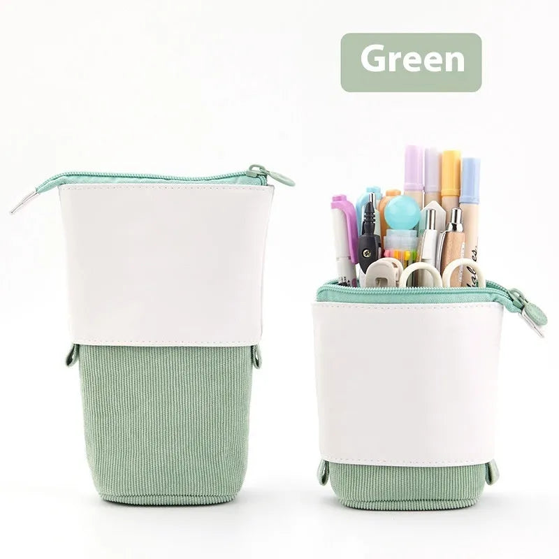 Korean-style telescopic stationery case in soft corduroy, shown in multiple colour options.