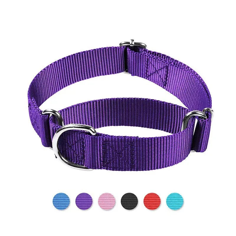Adjustable nylon cat and dog collar with explosion-proof buckle and hand holding rope, shown in seven colours