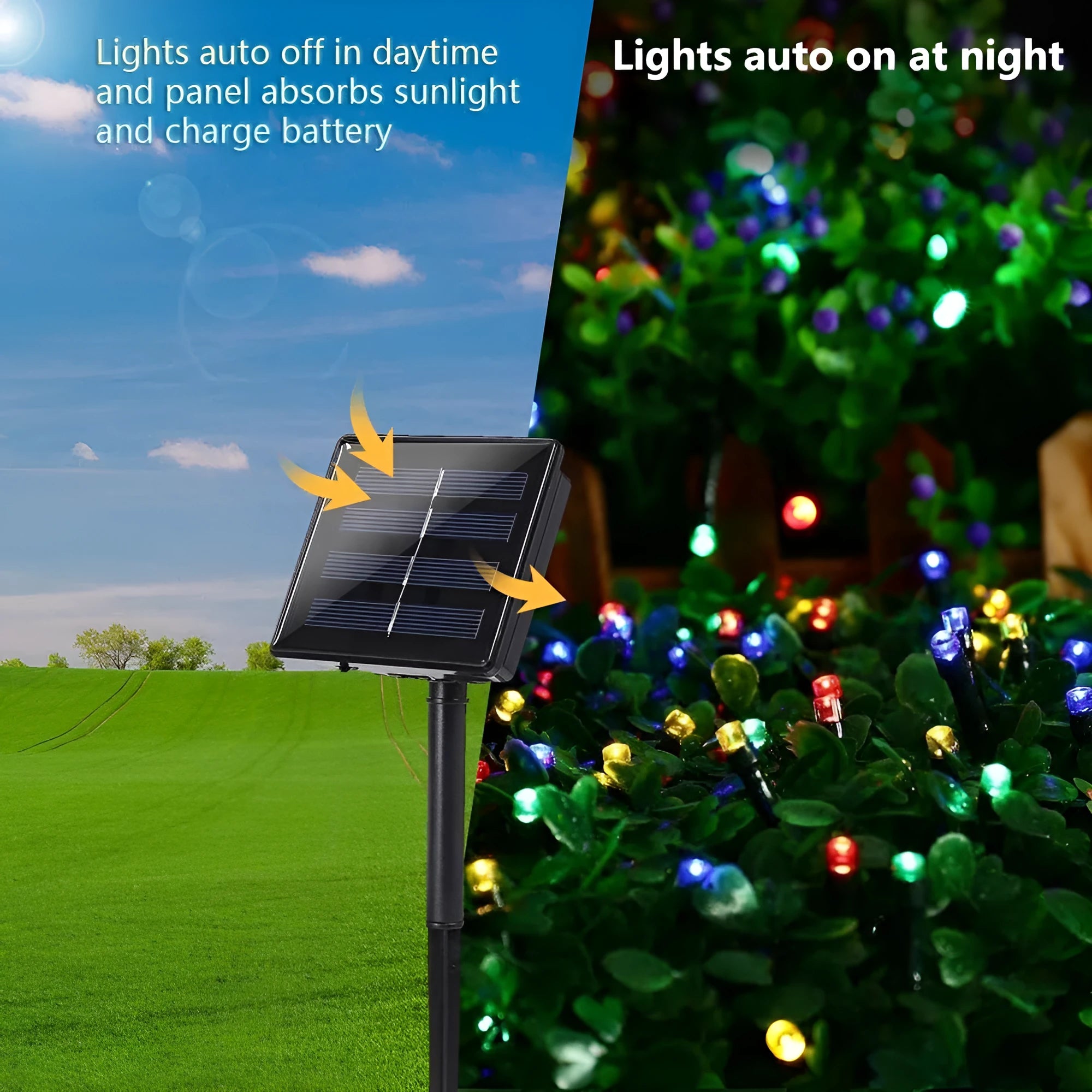 Solar-powered LED string lights with warm white bulbs on a garden fence at dusk