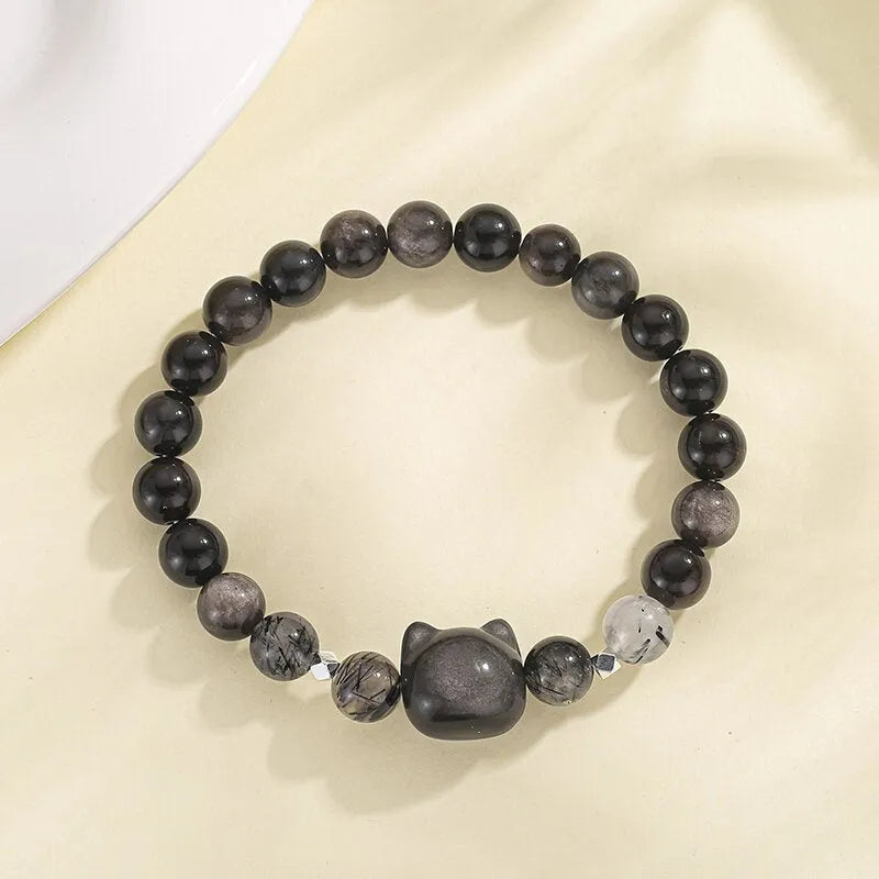 Obsidian cat crystal couple bracelet with adjustable design in silver stone or white agate colours
