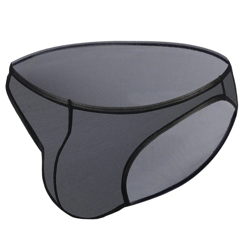 Men's black low-rise nylon briefs laid flat, showing the knit fabric texture and waistband.