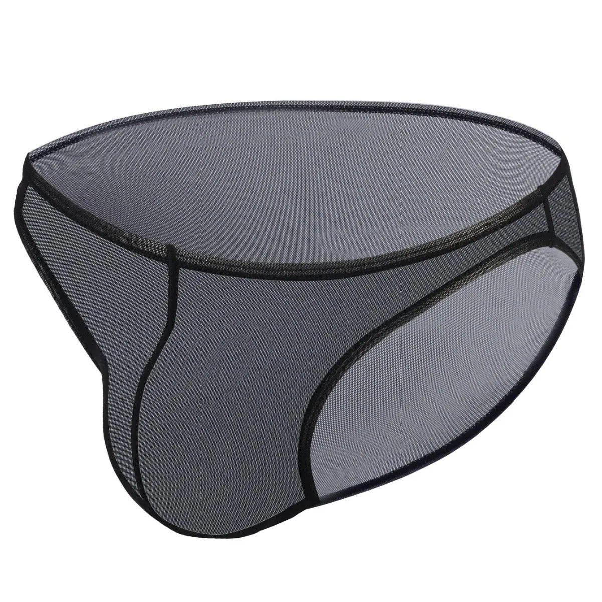 Men's black low-rise nylon briefs laid flat, showing the knit fabric texture and waistband.