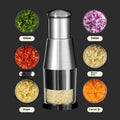 Manual garlic crusher and onion chopper in black with stainless steel blades on a kitchen counter