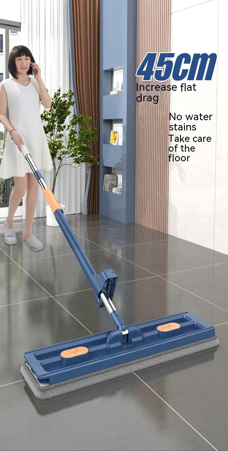 Large flat mop with 360-degree rotating head and stainless steel handle for home floor cleaning