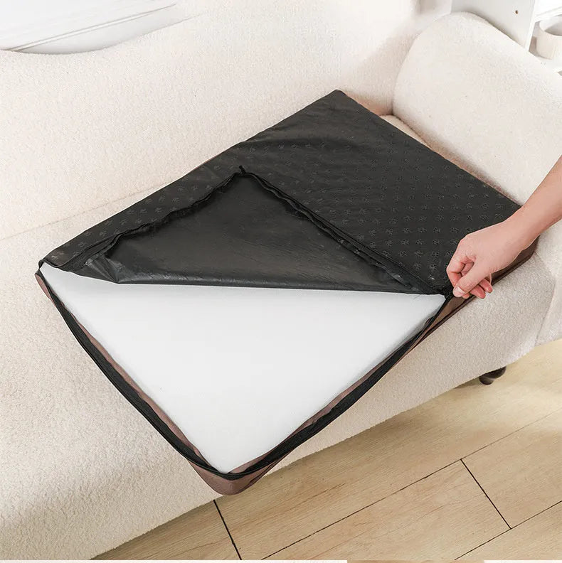 Pet memory foam mat with removable cover in grey, coffee, green, and khaki colours, four sizes
